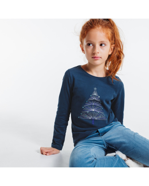 T-shirt coton bio sequins et broderies sapin bleu fille