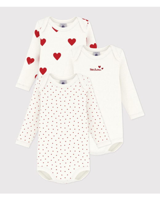 Lot de 3 bodies manches longues cœur bébé en coton