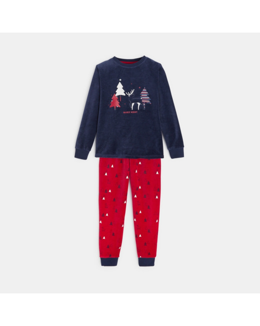 Pyjama 2 pièces en velours motif renne bleu garçon