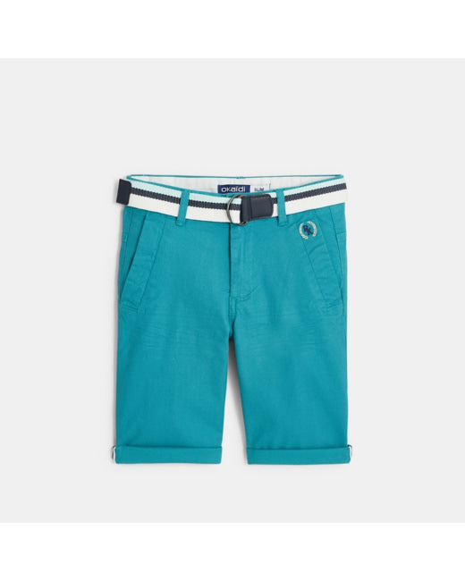 Bermuda ceinturé en toile effet piqué turquoise garçon