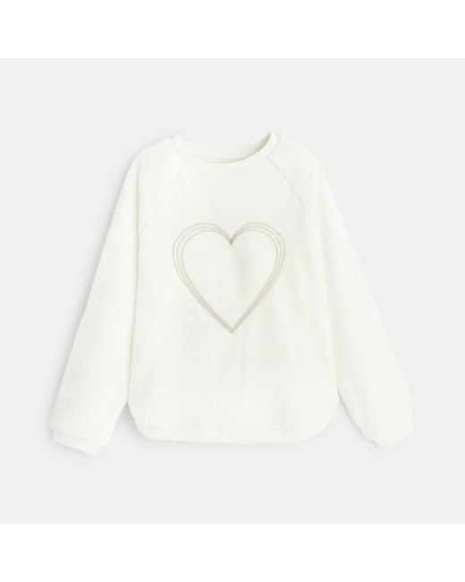 Sweat en velours moelleux motif Cœur blanc fille