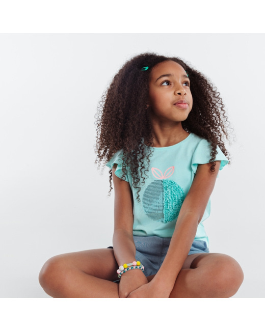 T-shirt à sequins motif pomme turquoise fille