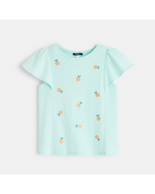 T-shirt manches courtes broderies Ananas turquoise fille
