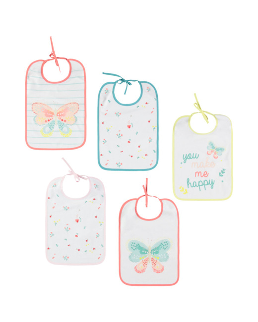 Lot de 5 bavoirs à motifs fantaisie et papillons colorés