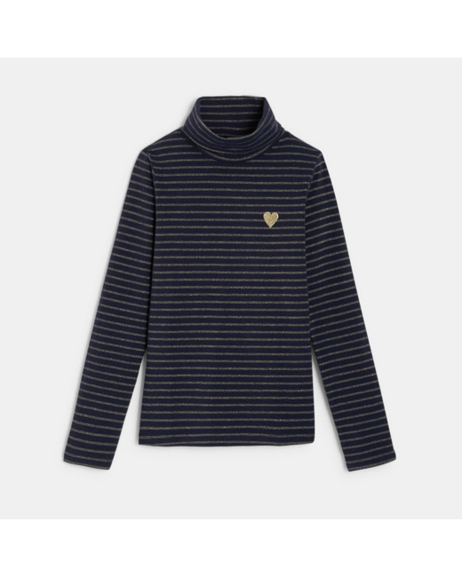 T-shirt col roulé avec broderie cœur bleu fille