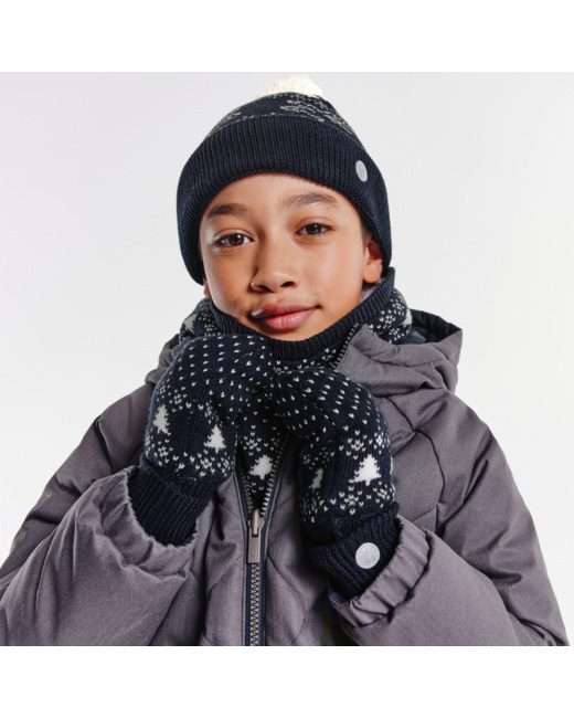 Bonnet à pompon + snood + moufles assortis bleue garçon