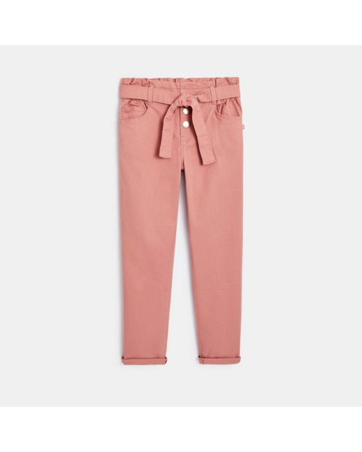 Pantalon taille haute en toile rose fille