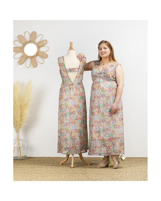 Robe longue de grossesse avec dos fantaisie et imprimé fleuri