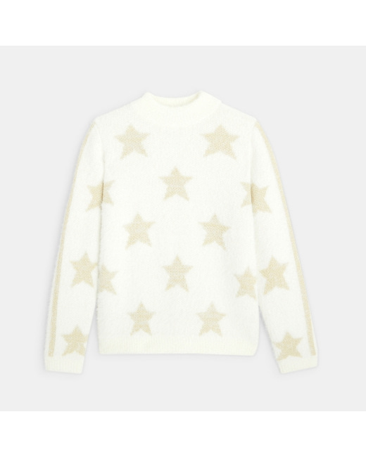 Pull fluffy étoilé à col cheminée beige fille
