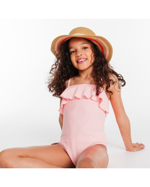 Maillot de bain 1 pièce rayé volanté orange fille