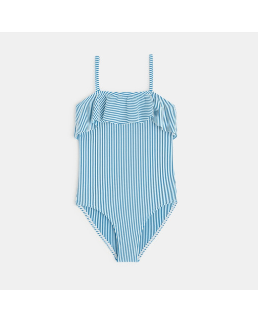 Maillot de bain 1 pièce rayé volanté bleu fille