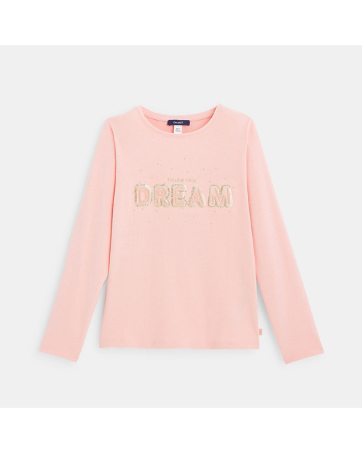 T-shirt coton bio à message 3D rose fille