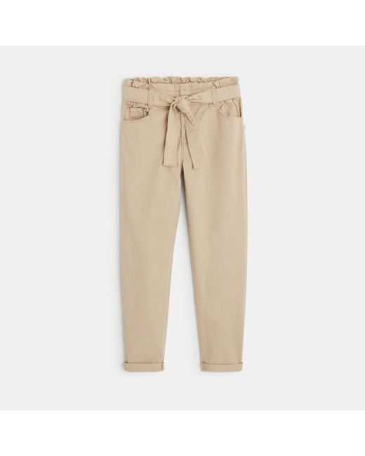 Pantalon taille haute en toile beige fille
