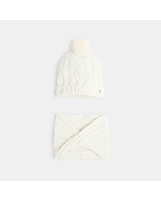 Bonnet à pompon et snood torsadés assortis blanc fille