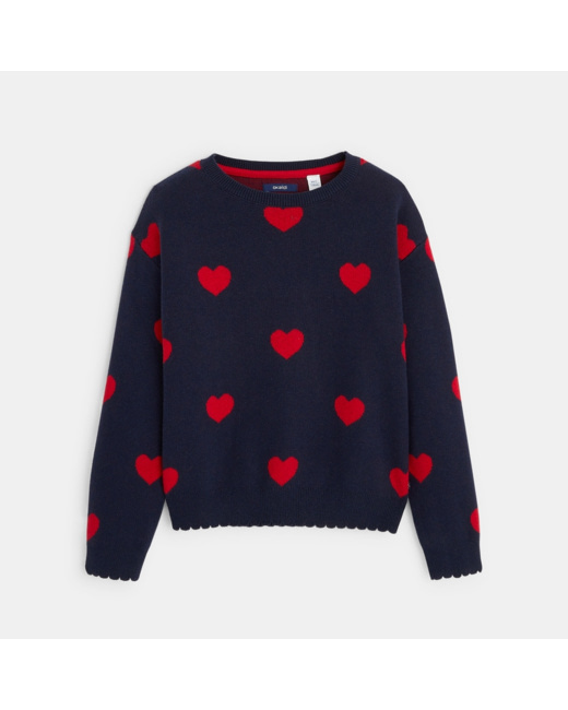 Pull col rond motif cœurs bleu fille