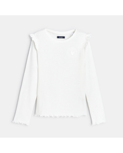 T-shirt côtelé à volants blanc fille
