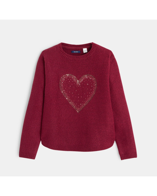 Pull au point mousse et motif cœur en sequins violet fille