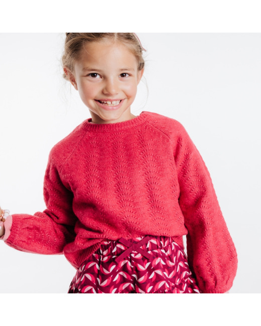 Pull ajouré à manches bouffantes rose fille