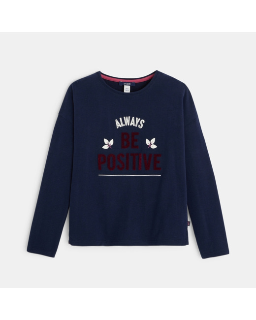 T-shirt manches longues à message 'Always be positive' bleu fille