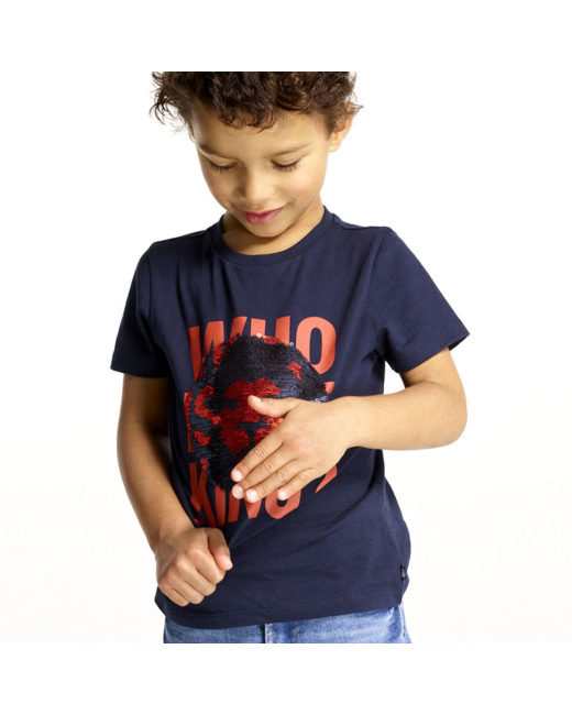 T-shirt sequins magiques message et animal bleu garçon