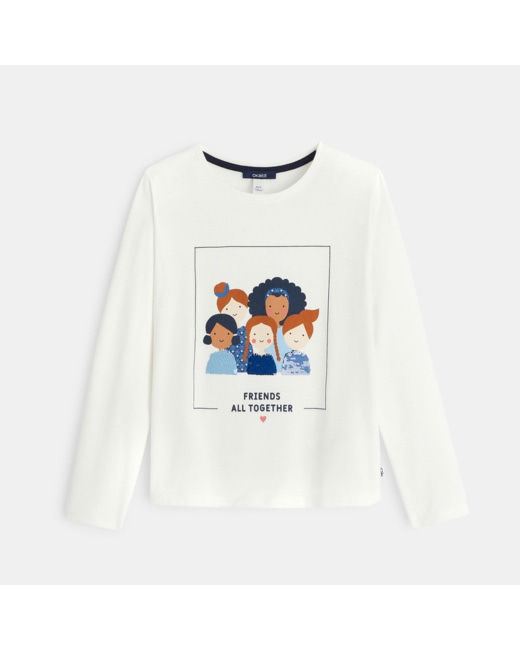 T-shirt manches longues à message "Friends all together" bleu fille
