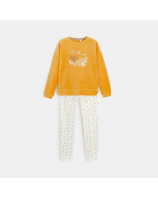 Pyjama 2 pièces en velours motif écureuil jaune fille