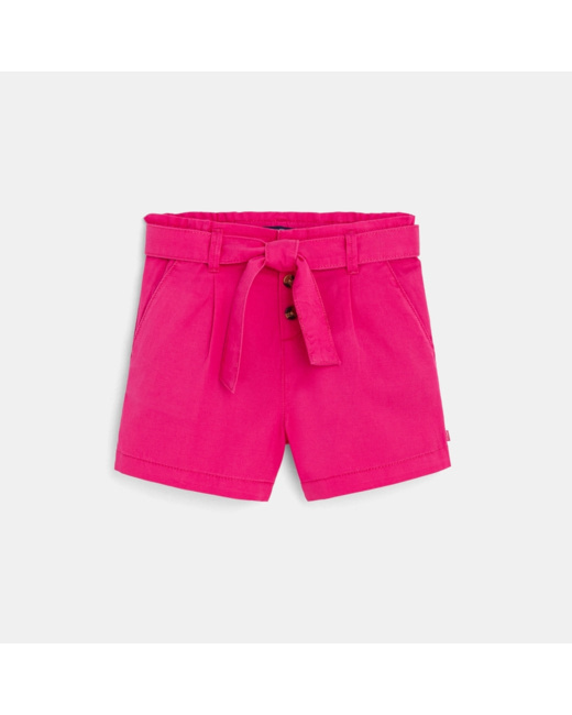 Short ceinturé en toile unie rose fille