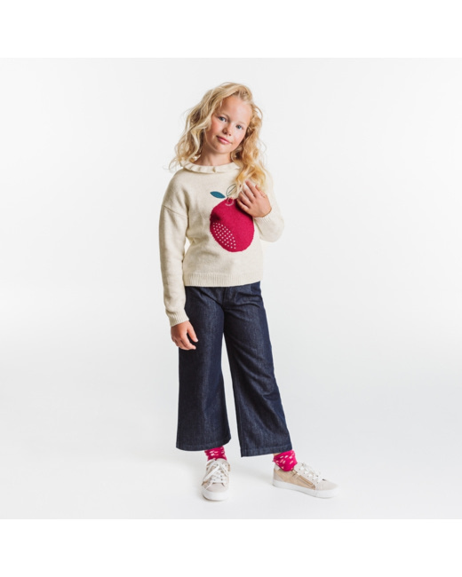 Pull col collerette motif pomme beige fille