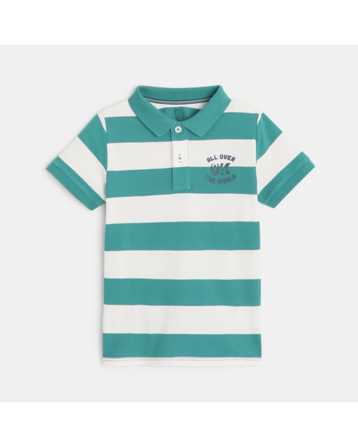 Polo rayé en jersey piqué bleu garçon