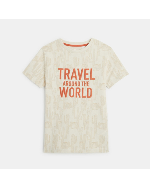 T-shirt à message "Travel around the world" blanc garçon