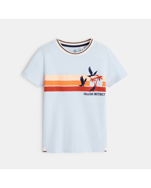 T-shirt maille piquée rayures oiseaux brodés bleu garçon