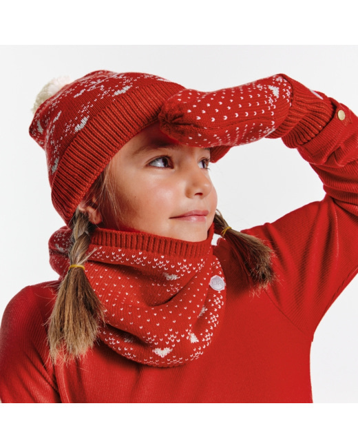 Bonnet à pompon + snood + moufles coordonnés rouge fille