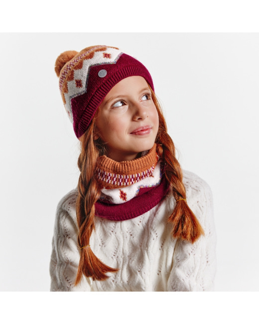 Bonnet jacquard à pompon violet fille