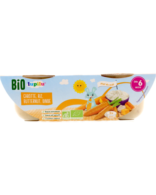 Coupelles 6 mois midi Bio - Carotte, riz, butternut, dinde