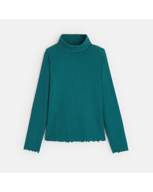 T-shirt col roulé côtelé uni vert fille