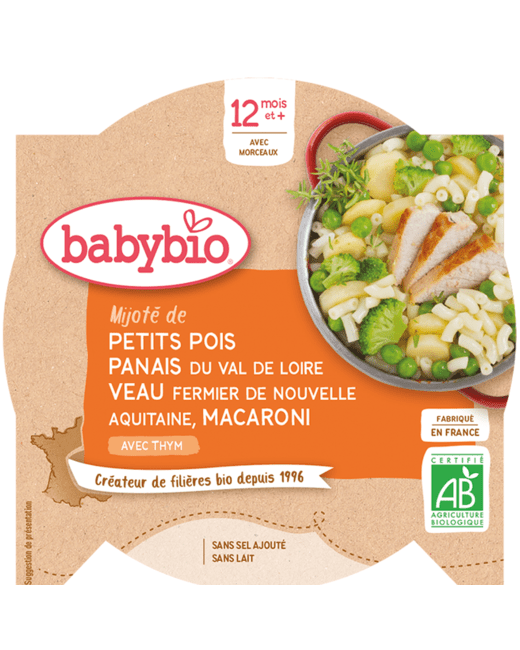 Petits pois Panais du Centre-Val de Loire Veau fermier de Nouvelle-Aquitaine Macaroni au Thym