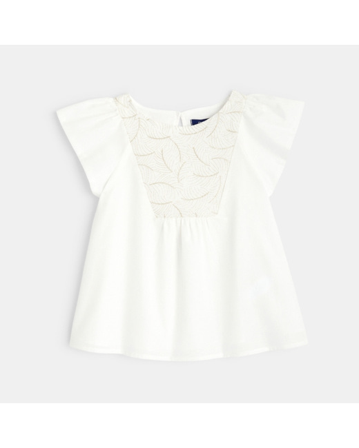 Blouse évasée à plastron brodé blanche fille