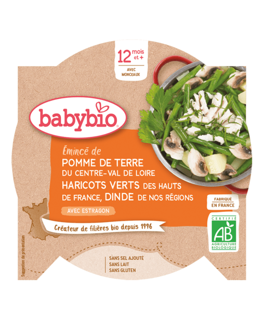 Pomme de terre du Centre-Val de Loire Haricots verts des Hauts-de-France Dinde du Poitou à l'Estragon 230 g dès 12 mois