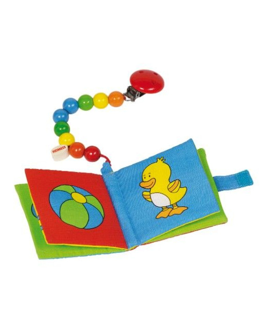 Livre en textile crissant et crépitant + chaîne attache-sucette