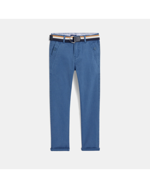 Pantalon chino slim ceinturé en toile unie bleu garçon