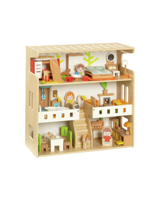Maison de poupées coffre meublée avec figurines