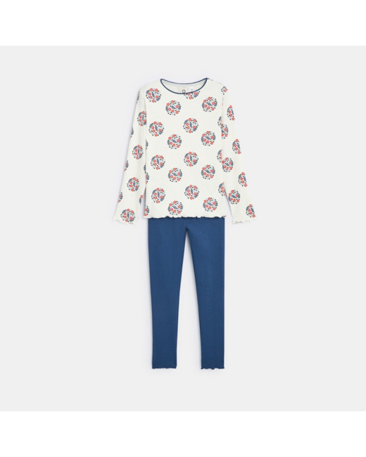 Pyjama 2 pièces à pois fleuris bleu fille