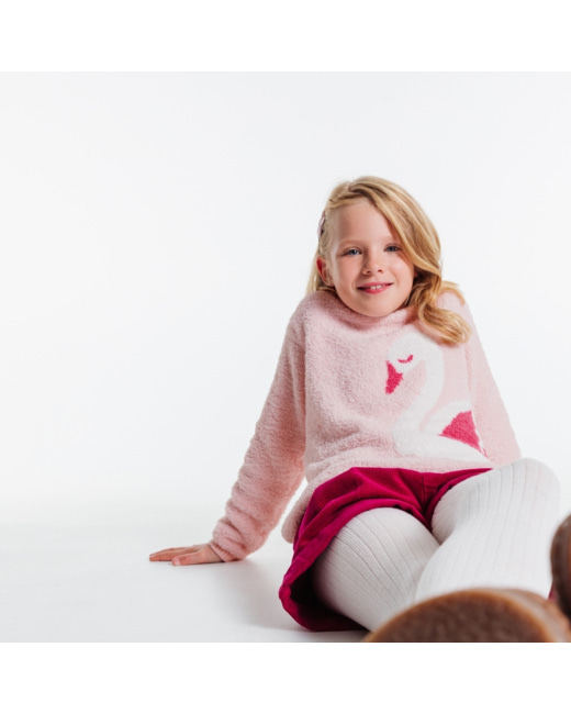 Pull fluffy jacquard cygne rose fille
