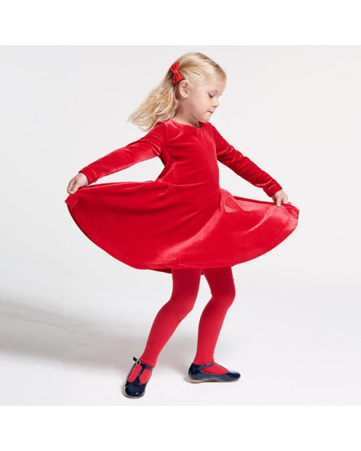Robe plissée en panne de velours pailleté rouge fille