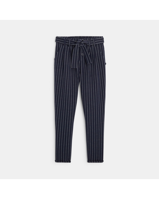 Pantalon à pinces ceinturé à rayures italiennes bleu fille