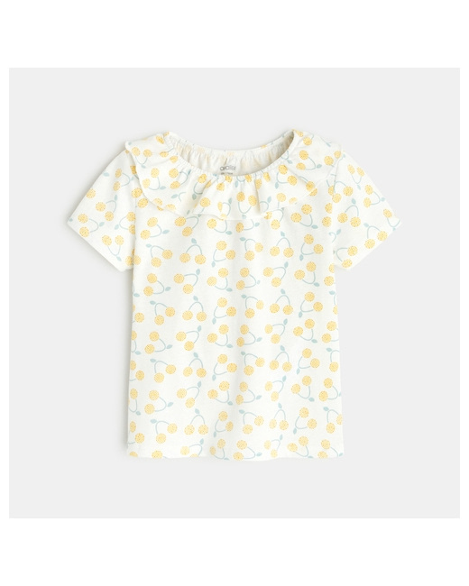 T-shirt col volanté maille fantaisie jaune