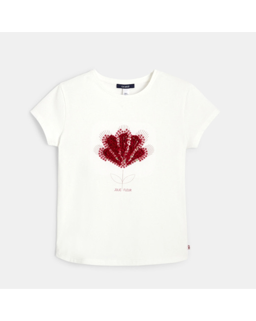 T-shirt manches courtes fleur en sequins rose fille