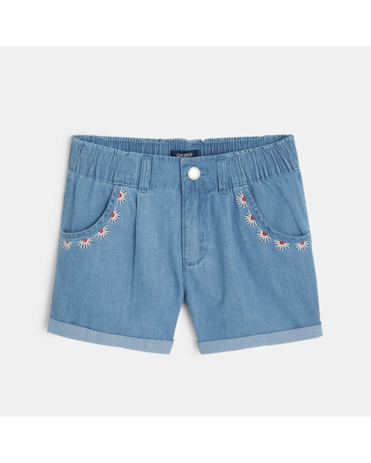 Short en jean broderies fleurs bleu fille