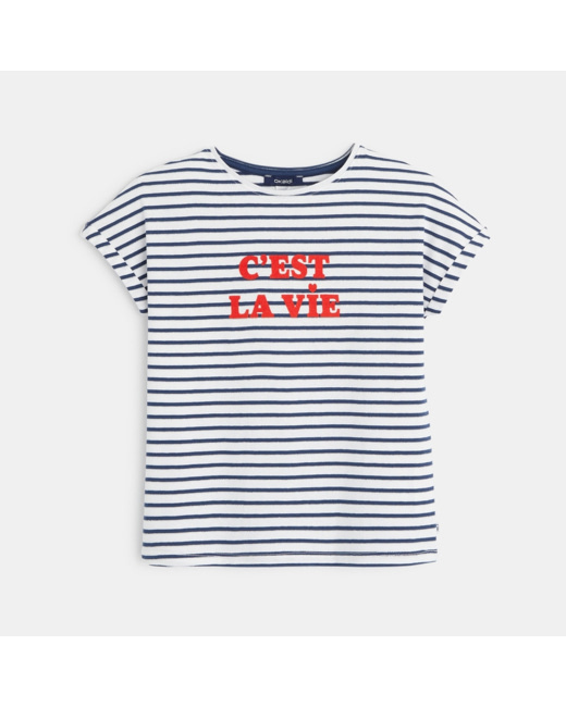 T-shirt rayé à message "C'est la vie" bleu fille
