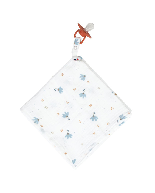 Doudou lange attache tétine en gaze de coton, Bleuet